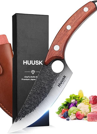 Huusk Viking Knives Hand Forged Boning & Chef Knife - Full Tang Japanese Blade with Sheath - Butcher Meat Cleaver - Camping & Kitchen Christmas Gifts for Men and Women