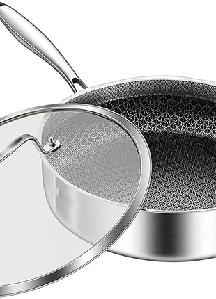 DELARLO Tri-Ply Stainless Steel 12 Inch Deep Frying Pan with lid,7QT Saute Pan Nonstick,Compatible with All Cooktops,Oven Up to 660℉,Chicken Fryer,Dishwasher-Friendly