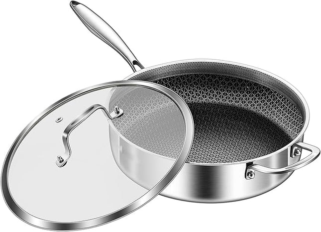 DELARLO Tri-Ply Stainless Steel 12 Inch Deep Frying Pan with lid,7QT Saute Pan Nonstick,Compatible with All Cooktops,Oven Up to 660℉,Chicken Fryer,Dishwasher-Friendly