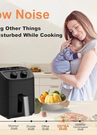 OSTBA 2.5QT Air Fryer for 1–2 People, Small Air Fryer with 6 Menu Options, Dual Knob Manual Temp & Timer, 3D Rapid Air Circulation, Nonstick & Dishwasher Safe Basket, Oil-Free Healthy Cooking