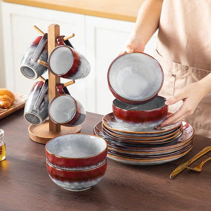 vancasso Starry 16 Pieces Dinnerware Set for 4, Handmade Reactive Glaze Stoneware Plates and Bowls Set, Dishes Set with Mugs for 4, Microwave & Dishwasher Safe, Red