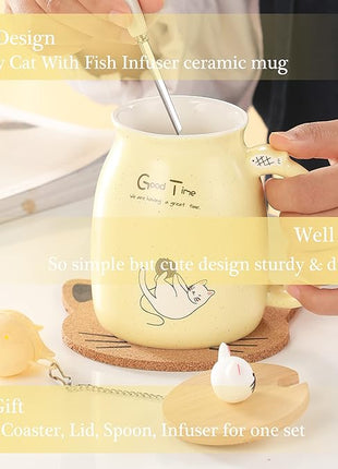 BigNoseDeer Tea Cup With Infuser and Lid Ceramic Coffee Mug Kawaii Cat Mug Cute Mugs Tea Mug Cute Cool Preppy Stuff Cat Gifts Birthday Gifts Cute Gifts for Women Girls(13oz)