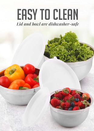 OVENTE Mixing Bowl Set with Lids, 3-Piece Stainless Steel Nesting Bowls for Easy Food Storage, Stackable Design, Kitchen Essential for Baking, Cooking and Prepping, Size 5, 3.5, 1.5QT, Silver BM46333S