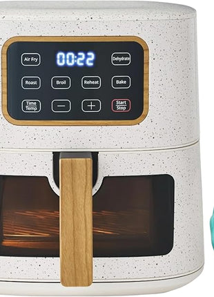 Pioneer Woman 5.8 qt Air Fryer, Linen Speckle - Energy Efficient With Rust Resistant Stainless Steel Serving Tong Bundle