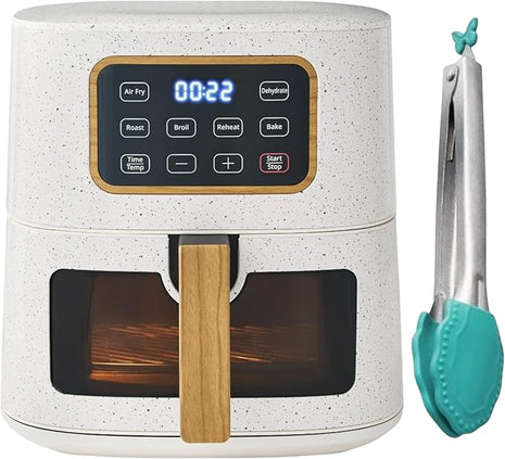 Pioneer Woman 5.8 qt Air Fryer, Linen Speckle - Energy Efficient With Rust Resistant Stainless Steel Serving Tong Bundle