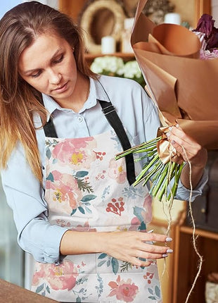 Britimes Apron Home Kitchen Cooking Baking Gardening for Women Men With Pockets Romantic Floral Flower Rose Pink 32x28 inch