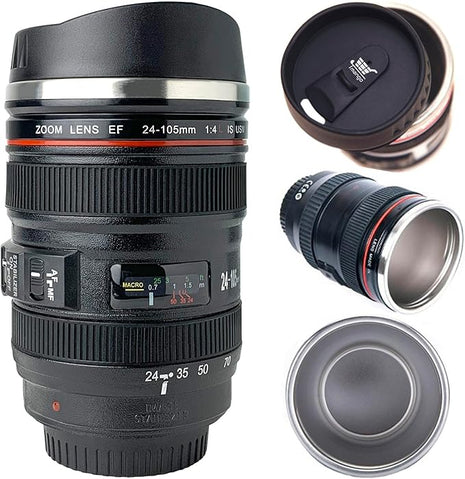 Camera Lens Coffee Mug with Slider Lid – Realistic DSLR Thermos Cup, Novelty Gift for Photographers, Coffee Lovers, Men & Women