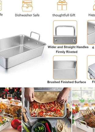TeamFar Stainless Steel Roasting Pan, 16 Inch Large Turkey Roaster Lasagna Pan with V Rack & Cooling Rack Set for Roasting, Baking, Healthy & Heavy Duty, Deep Side & Dishwasher Safe - 3 PCS