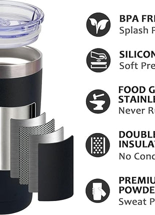 SUNWILL Travel Coffee Mug with Lid, 20 oz Tumbler Set of 2, Insulated Stainless Steel Cup for Water, Tea, Ice, Powder Coated Black 2 pack