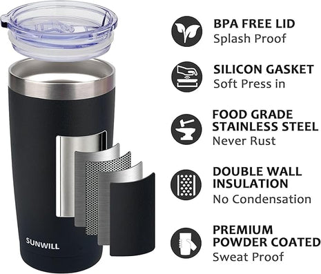 SUNWILL Travel Coffee Mug with Lid, 20 oz Tumbler Set of 2, Insulated Stainless Steel Cup for Water, Tea, Ice, Powder Coated Black 2 pack