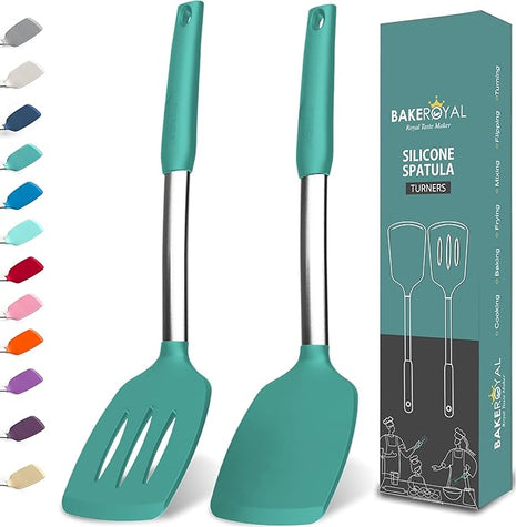 Silicone Spatula Set - Turner Spatulas Silicone Heat Resistant 600°F - Slotted & Solid Spatula for Cooking Fish, Eggs, Pancakes Flipper – Spatulas for kitchen use – Turquoise