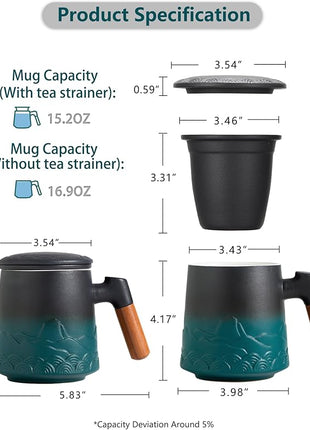 ZENS Tea Cup with Infuser and Lid for Loose Leaf Steeping, 16.9oz Embossed Ceramic Tea Infuser Mug, Wood Handle Tea Diffuser, Great Gift