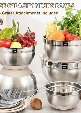 Umite Chef Mixing Bowls with Airtight Lids Set, 8PCS Stainless Steel Khaki Nesting Bowls with Grater Attachments, Kitchen Bowls with Non-Slip Bottoms, Size 5, 4, 3.5, 2, 1.5QT for Mixing & Serving