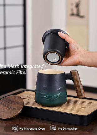 ZENS Embossed Ceramic Tea Mug with Infuser and Lid, 14.5 oz Wooden Handle, Loose Leaf Tea Steeper Mugs & Strainer for Tea Lovers Gifts