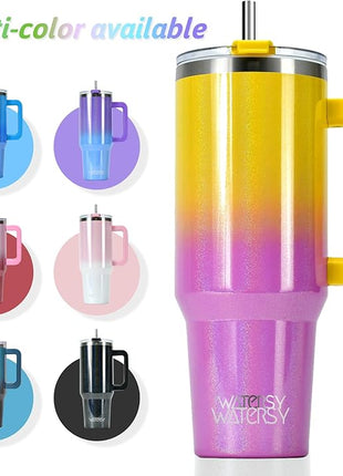 40 oz Shiny Tumbler with Handle and Straw,Stainless Steel Tumbler with Lid and Straw,Insulated Travel Mug(Cold for 34 Hours),Water Bottle for Iced Tea,Coffee (Yellow)