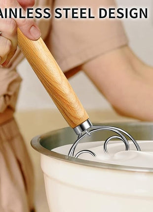 TEEVEA Danish Dough Whisk Stainless Steel Dough Hook Dutch Whisk for Sourdough Bread Dough Mixer Hand Wooden Handle Kitchen Whisking Mixing Tool Bread Making Tools and Supplies