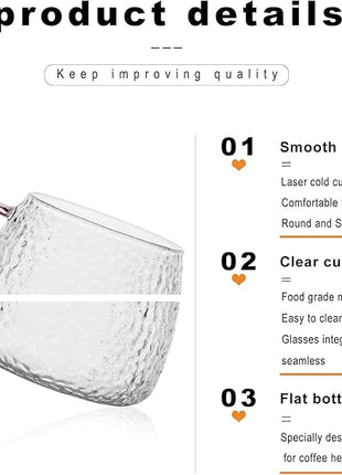 LUXU Hammered Tea Cups,Glass Coffee Mugs,Set of 6 Coffee Cups with Different Color Handles-15 oz,Prefect for Cappuccino,Latte,Water,Mocha,Milk,Widely Used for Cafes,Home and Office