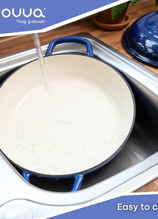 Shallow Cast Iron Casserole with Lid – Non Stick Dutch Oven Pot, Oven Safe up to 500° F – Sturdy Ovenproof Stockpot Cookware – Enamelled Cooking Pot – Dark Blue, 5-Quart, 32cm – by Nuovva