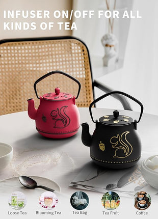 Toptier Teapot with Removable Infuser, Cast Iron Tea Kettle Stovetop Safe, Squirrel Design Tea Pot Coated with Enameled Interior for 32 Ounce (950 ml), Black