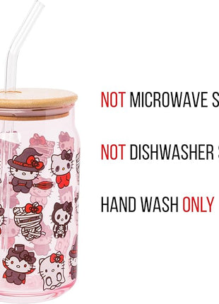 Silver Buffalo Sanrio Hello Kitty and Friends Halloween Spooky Costumes Ghost Witch Vampire Zombie Frankenstein Skeleton Pink Glass Jar Tumbler with Bamboo Lid and Glass Straw, 16 Ounces