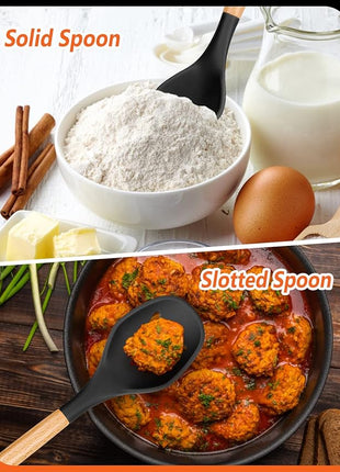 Large Silicone Cooking Spoons, 2 Pack Nonstick Solid and Slotted Wooden handle Spoon Set, Heat Resistan Silicone Kitchen Spoons for Cooking, Serving, Basting, Mixing (Black)