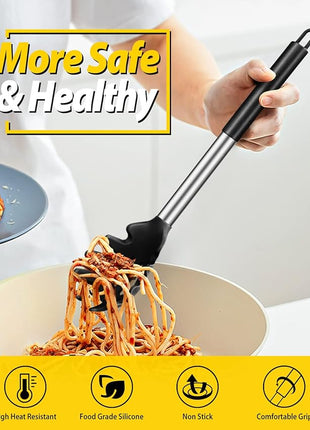 Silicone Pasta Fork and Ladle Spoon Set, Large Non Stick Kitchen Utensils for Cooking,Stirring,Serving Spaghetti, Soup, Sauce (BLACK)