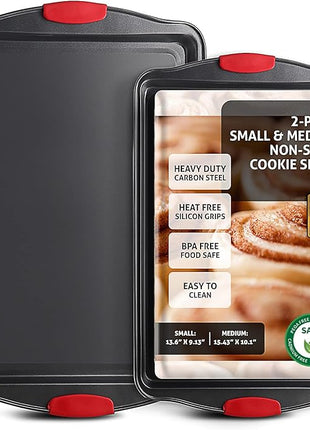 JOYTABLE Baking Sheet, 2PC Cookie Sheet Set with Silicone Handles, Nonstick Steel Baking Pan, Baking Sheets for Oven, BPA Free Baking Pans Set, Cookie Sheets– Black Bakeware, Small & Medium