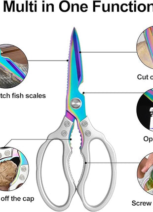 CGBE Kitchen Scissors, Multi-Purpose Kitchen Shears, Heavy Duty Dishwasher Safe Food Scissors for Chicken, Poultry, Fish, Meat & Herbs with Non-Slip Grips - Sliver Colorful
