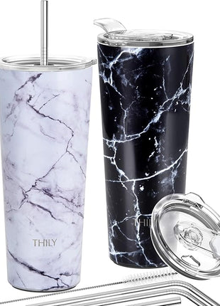THILY Stainless Steel Vacuum Insulated Tumbler 26 oz Triple-Insulated Travel Mug with Splash-Proof Lid, for Iced Coffee and Hot Beverage, White Marble + Black Marble