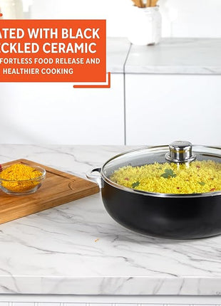 IMUSA 6.9Qt Bistro-Cera Aluminum Speckled Black Ceramic Caldero with Glass Lid, Nonstick Dutch Oven Pot for Rice, Family Meals, and Traditional Cooking, Black