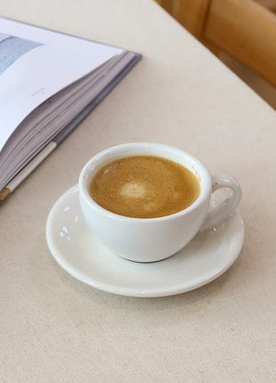 LE TAUCI 3 oz Espresso Cups with Saucers, Demitasse Coffee Cup for Shot, Lungo, Ristretto - 3 inch, Set of 4, White