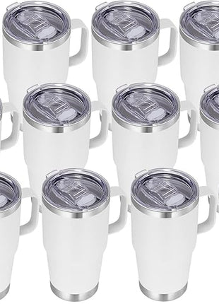 VEGOND 20 oz Tumbler Bulk with Handle Lid and Straw, Stainless Steel Insulated Travel Coffee Mug Set, Spill Proof Double Wall Metal Tumblers Cups, New White 12 Pack