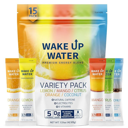 Wake Up Water Energy Drink Mix, Sugar Free Clean Energy Powder with Electrolytes & B Vitamins, Natural Caffeine for Focus & Hydration (15 Pack) - Variety