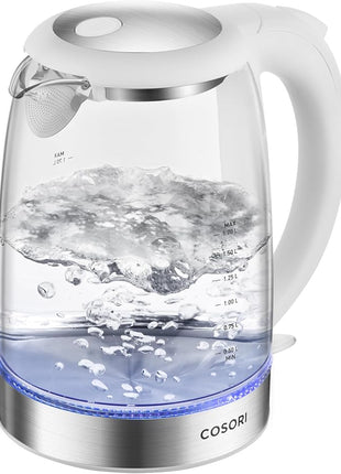 Cosori Electric Kettle, No Plastic Filter & Spout, Tea Kettle & Hot Water Boiler For Coffee & Tea, Water Heater & Teapot, Automatic Shut Off, Borosilicate glass, White, 1.7L/1500W