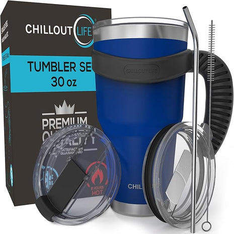CHILLOUT LIFE Stainless Steel Travel Mug with Handle 30 oz – 6 Piece Set. Tumbler with Handle, Straw, Cleaning Brush & 2 Lids. Double Wall Insulated Large Coffee Mug Bundle (Navy Blue)