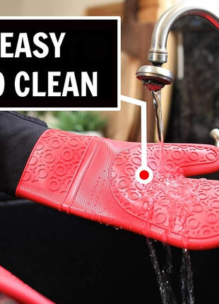 Homwe Silicone Oven Mitts and Potholders (4-Piece Sets) Heavy Duty Cooking Gloves, Kitchen Counter Safe Trivet Mats | Advanced Heat Resistant, Non-Slip Textured Grip Pot Holders(Red)