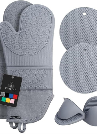 Rorecay 6pcs Oven Mitts and Pot Holders Sets for Kitchen, Extra Long Silicone Oven Gloves High Heat Resistant 500 Degrees Non-Slip Potholders Hot Pads for Baking Cooking, Grey