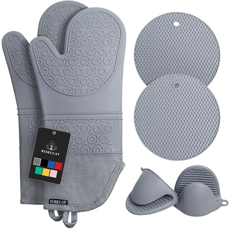 Rorecay 6pcs Oven Mitts and Pot Holders Sets for Kitchen, Extra Long Silicone Oven Gloves High Heat Resistant 500 Degrees Non-Slip Potholders Hot Pads for Baking Cooking, Grey