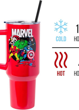 Silver Buffalo Marvel Avengers Stainless Steel Tumbler with Handle and Straw Featuring Captain America, Thor, Hulk, Iron Man, Black Widow, and Spiderman, Fits in Standard Cup Holder, 40 Ounces
