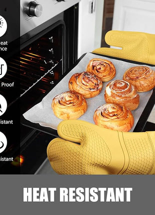 Rorecay Oven Mitts and Pot Holders Sets 6pcs, Extra Long Kitchen Silicone Oven Gloves Heat Resistant 500 Degrees Non-Slip Potholders Hot Pads for Baking Cooking, Quilted Liner, Samoan Sun