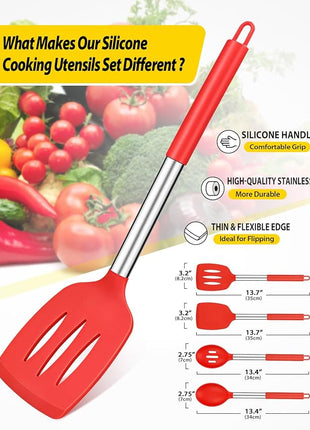 Pack of 4 Silicone Cooking Utensils Set, Non Stick Large Solid Spatulas, Heat Resistant Slotted Spoons, Ideal BPA Free Kitchen Turners for Frying, Mixing,Serving,Draining,Turning,Stirring (RED)