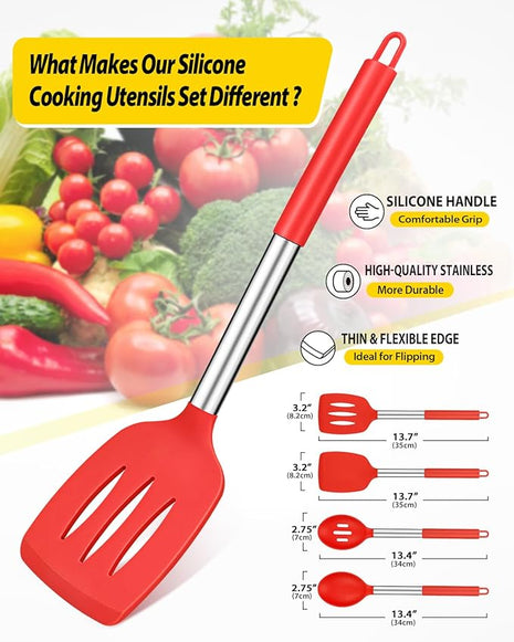 Pack of 4 Silicone Cooking Utensils Set, Non Stick Large Solid Spatulas, Heat Resistant Slotted Spoons, Ideal BPA Free Kitchen Turners for Frying, Mixing,Serving,Draining,Turning,Stirring (RED)