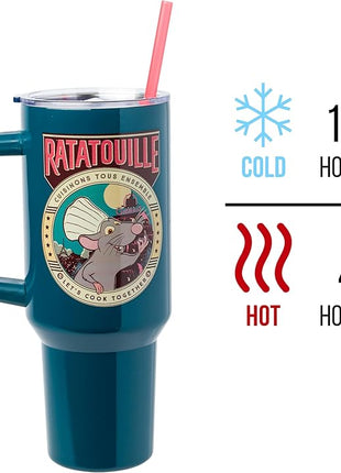 Silver Buffalo Disney Pixar Ratatouille Remy Let's Cook Together Stainless Steel Tumbler with Handle and Straw, Fits in Standard Cup Holder, 40 Ounces