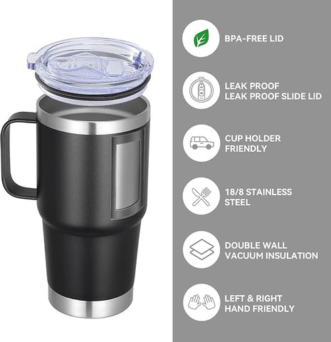 VEGOND 20 oz Tumbler Bulk with Handle Lid and Straw, Stainless Steel Insulated Travel Coffee Mug Set, Spill Proof Double Wall Metal Tumblers Cups, Powder Black 12 Pack