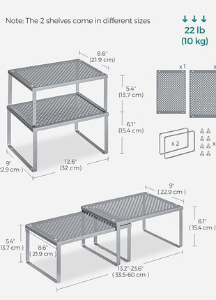 SONGMICS Spice Racks, Set of 2 Metal Cabinet Shelf Organizers, Countertop Organizers, Shelf Risers, Stackable, Expandable, Silver UKCS01SV