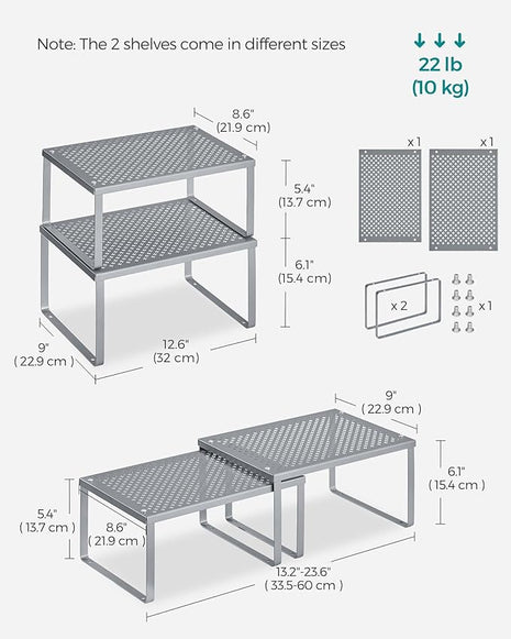 SONGMICS Spice Racks, Set of 2 Metal Cabinet Shelf Organizers, Countertop Organizers, Shelf Risers, Stackable, Expandable, Silver UKCS01SV