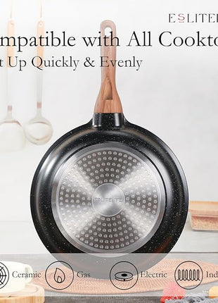 ESLITE LIFE Nonstick Cookware Sets, 12 Pcs Granite Coating Pots and Pans Set Kitchen Cooking Set, Compatible with All Stovetops (Gas, Electric & Induction), PFOA Free, Black