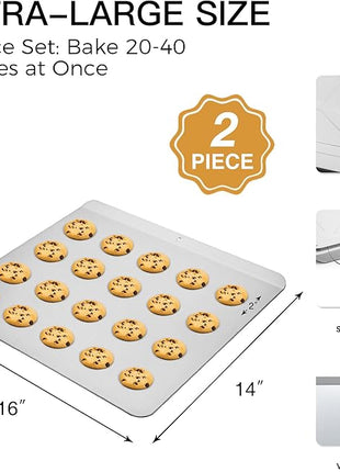HONGBAKE 2 Pieces Large Flat Cookie Sheet No Edges, Nonstick Insulated Baking Pan, Commercial Oven Trays for Cooking, 16" X 14", Grey