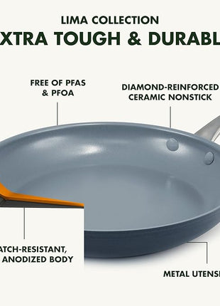 GreenPan Lima Hard Anodized 10" Frying Pan Skillet, Wood Spatula, Ceramic Nonstick, PFAS-Free Nontoxic Pots and Pans, Oven & Broiler Safe, Stainless Steel Handle, Cookware for Eggs & Omelet, Gray