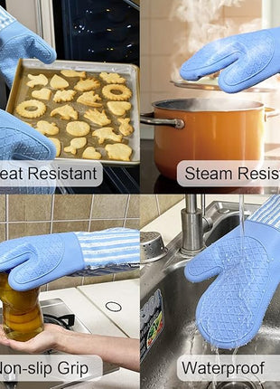 Silicone Oven Mitts Heat Resistant 932℉ with Waterproof & Non-Slip Kitchen Mittens, Set of 2 Extra Long Oven Gloves with Soft Cotton Terry Lining for Baking Cooking Barbecue (2, Blue Mitts)